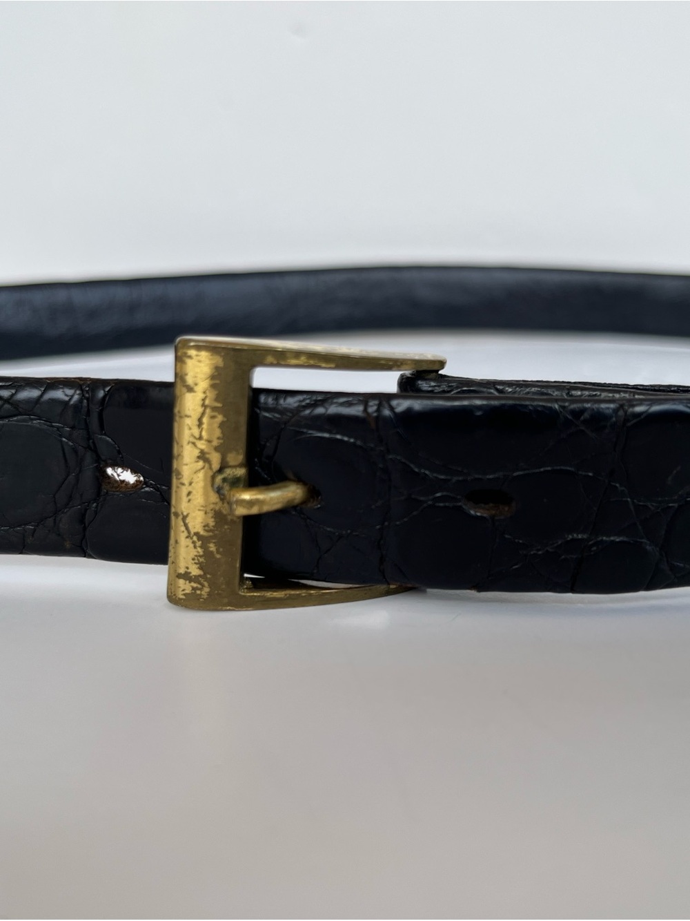 Saks Fifth Avenue Vintage Black Croc-Embossed Leather Belt with Brass Buckle